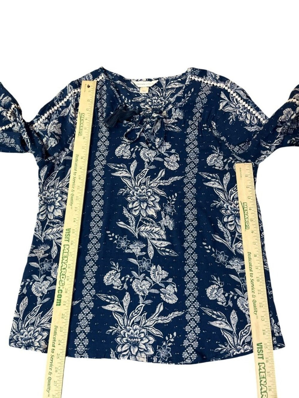 Christopher & Banks Blue Boho Blouse S Tassel Tie Rayon Used Lightweight - Picture 8 of 15